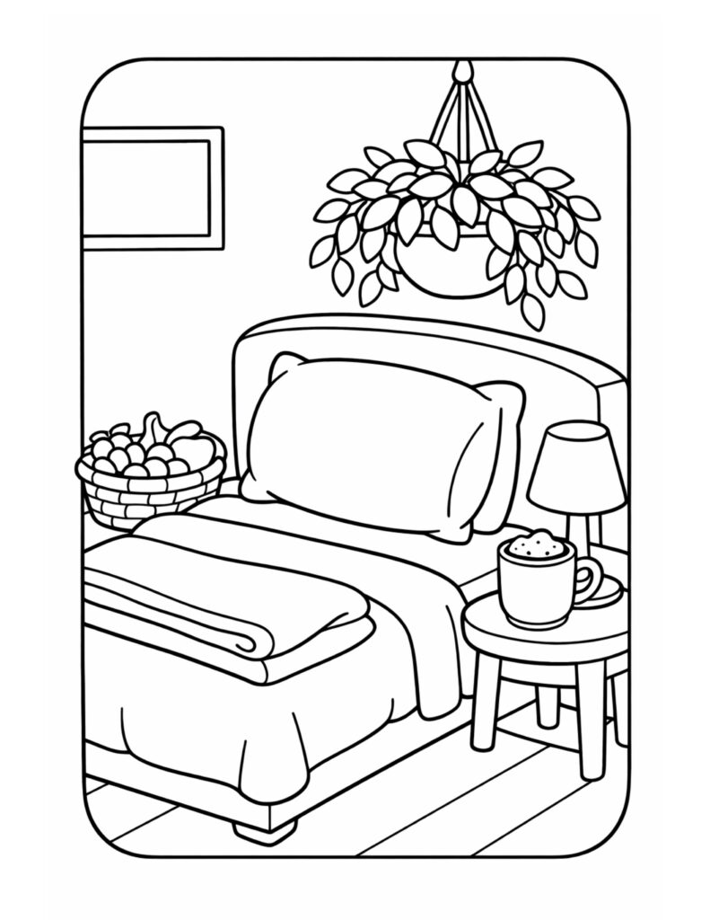 bedside cocoa and hanging plant coloring page with a cozy bed, bedside lamp, warm mug, and fruit basket coloring page