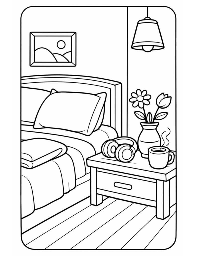 bedside table with steaming mug coloring page featuring a bed, headphones, flowers, and a hanging lamp coloring page