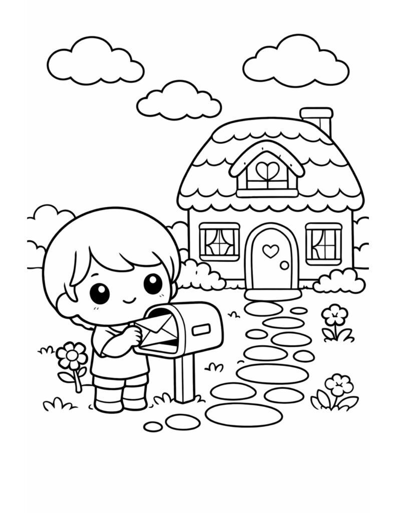 boy mailing valentines letter coloring page, cute child at a mailbox in front of a heart house coloring page