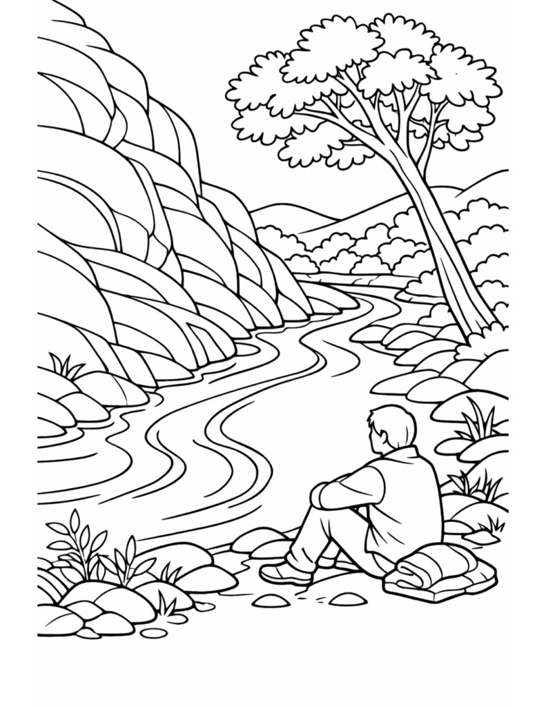 boy resting by winding river coloring page, seated on a riverbank near a rocky cliff and tall tree, coloring page