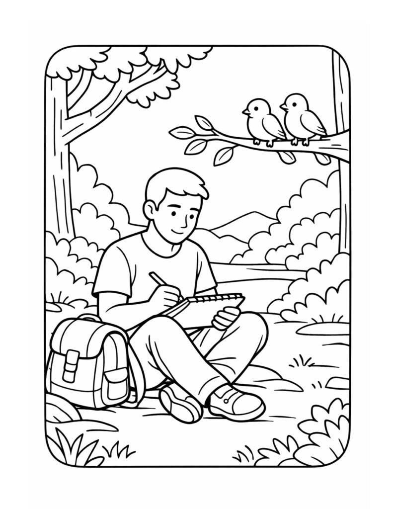 boy sketching outdoors with birds coloring page with backpack and two birds on a branch coloring page