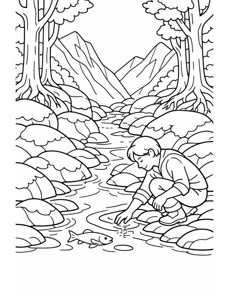 boy touching stream fish coloring page with a child crouching by a rocky creek between tall trees coloring page