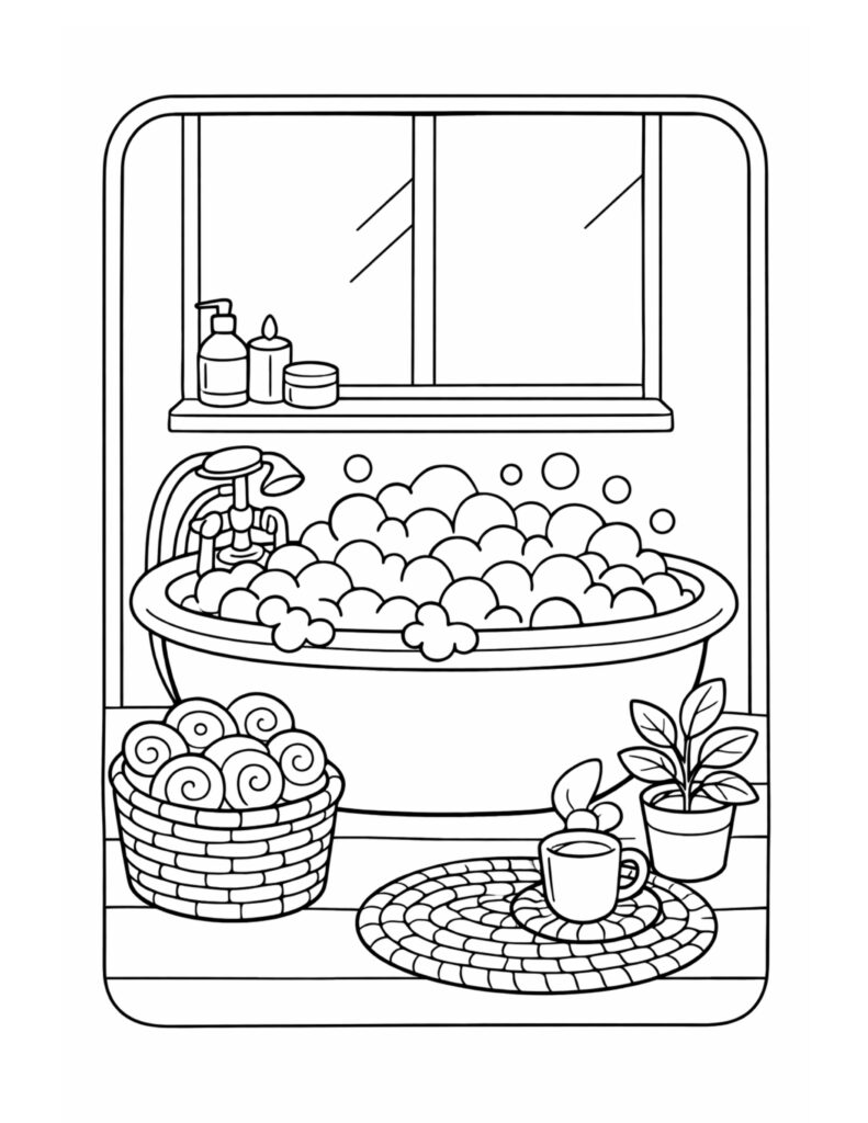 bubble bath bathtub by window coloring page with a foamy tub, bath items, and a small plant coloring page