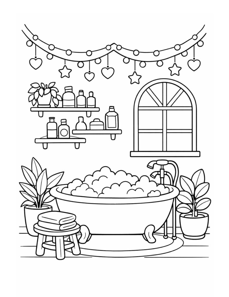 bubble bath with hanging garland coloring page with clawfoot tub, plants, and window coloring page