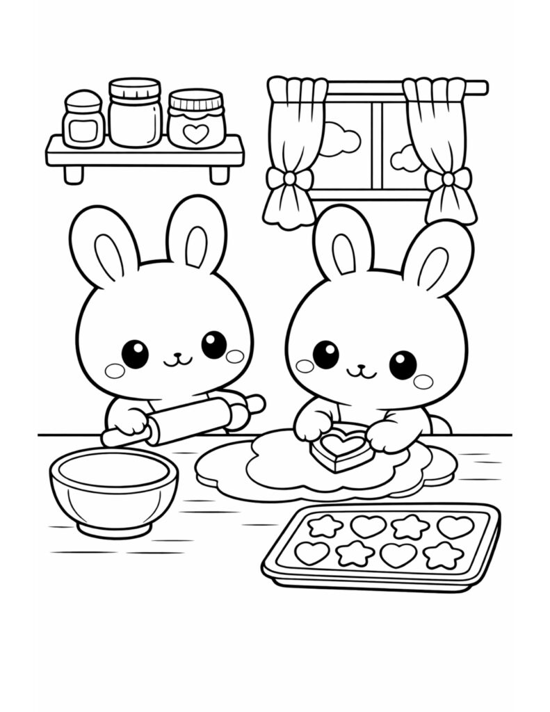 bunnies baking heart cookies coloring page, two cute rabbits baking with a rolling pin and heart cookie cutter, coloring page