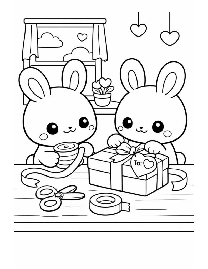 bunnies wrapping a valentine gift coloring page, two cute rabbits tying a bow on a present at a craft table