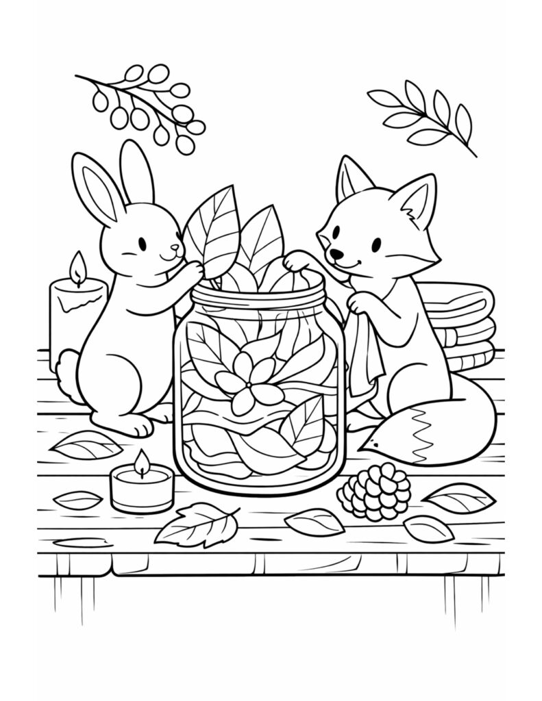 bunny and fox filling jar coloring page with leaves, candles, pinecone on a wooden table coloring page