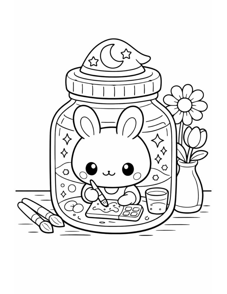 bunny drawing in a jar coloring page featuring a cute bunny with pencil, brushes, and flowers coloring page
