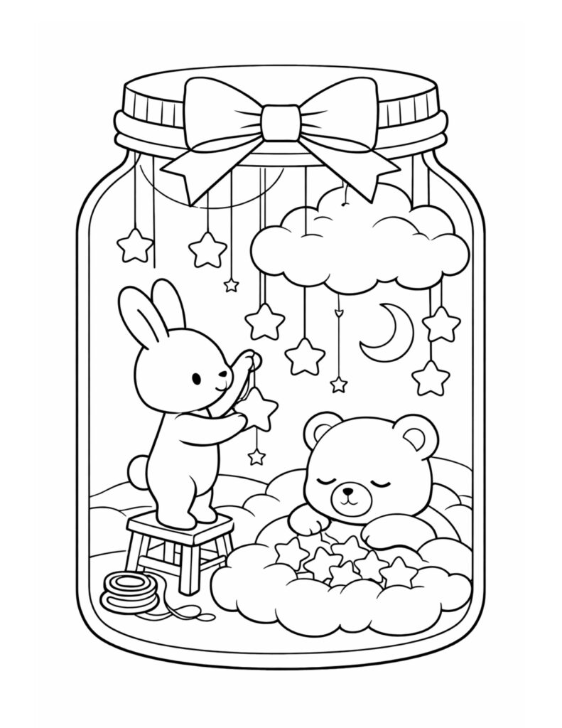 bunny hanging stars in jar coloring page with a sleeping bear on fluffy clouds, moon and dangling stars coloring page