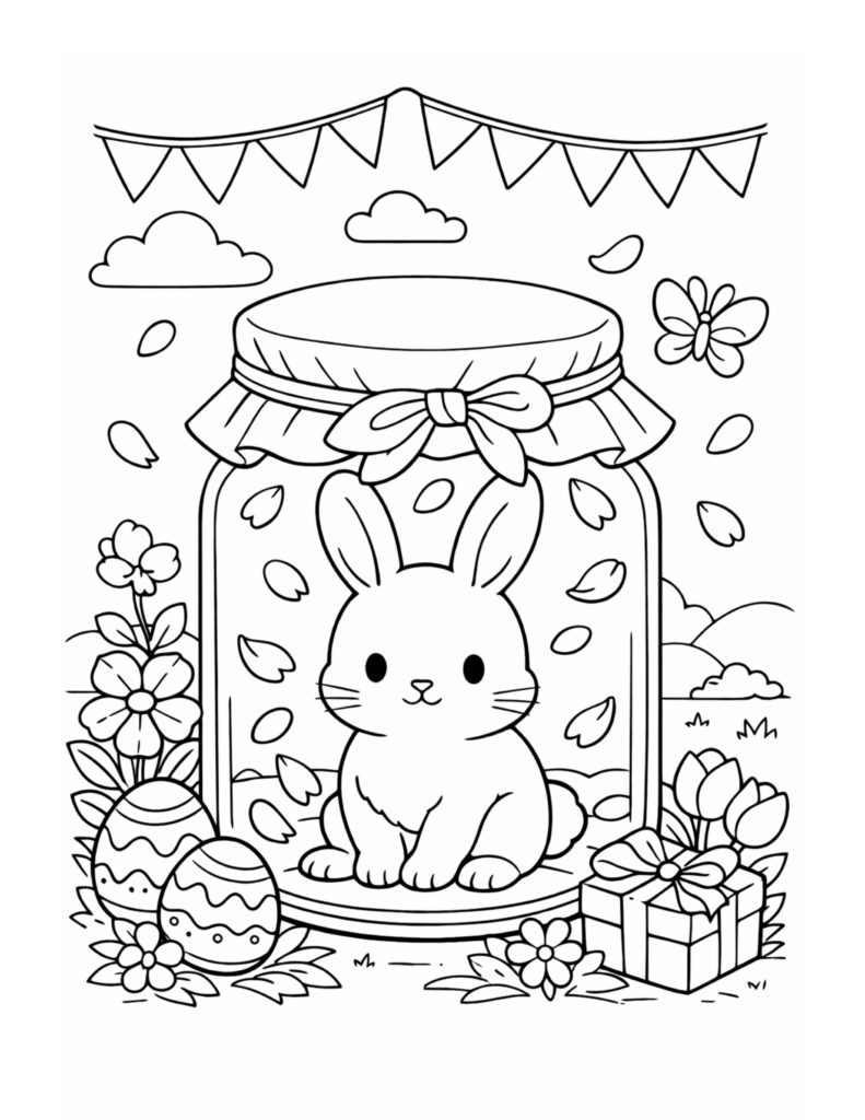bunny in petal filled jar coloring page with a cute bunny, falling petals, Easter eggs, flowers, and a gift box
