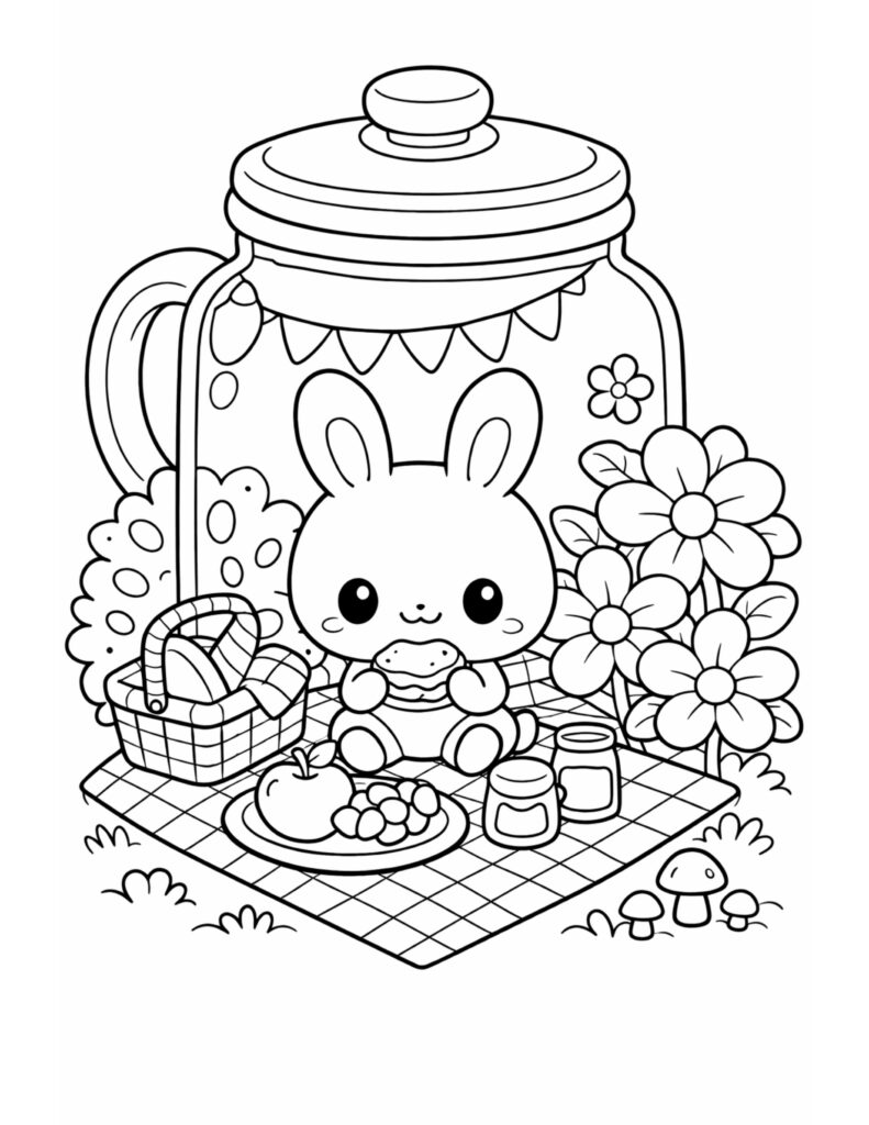 bunny picnic in a jar coloring page with a cute bunny, picnic basket, fruit plate, and flowers