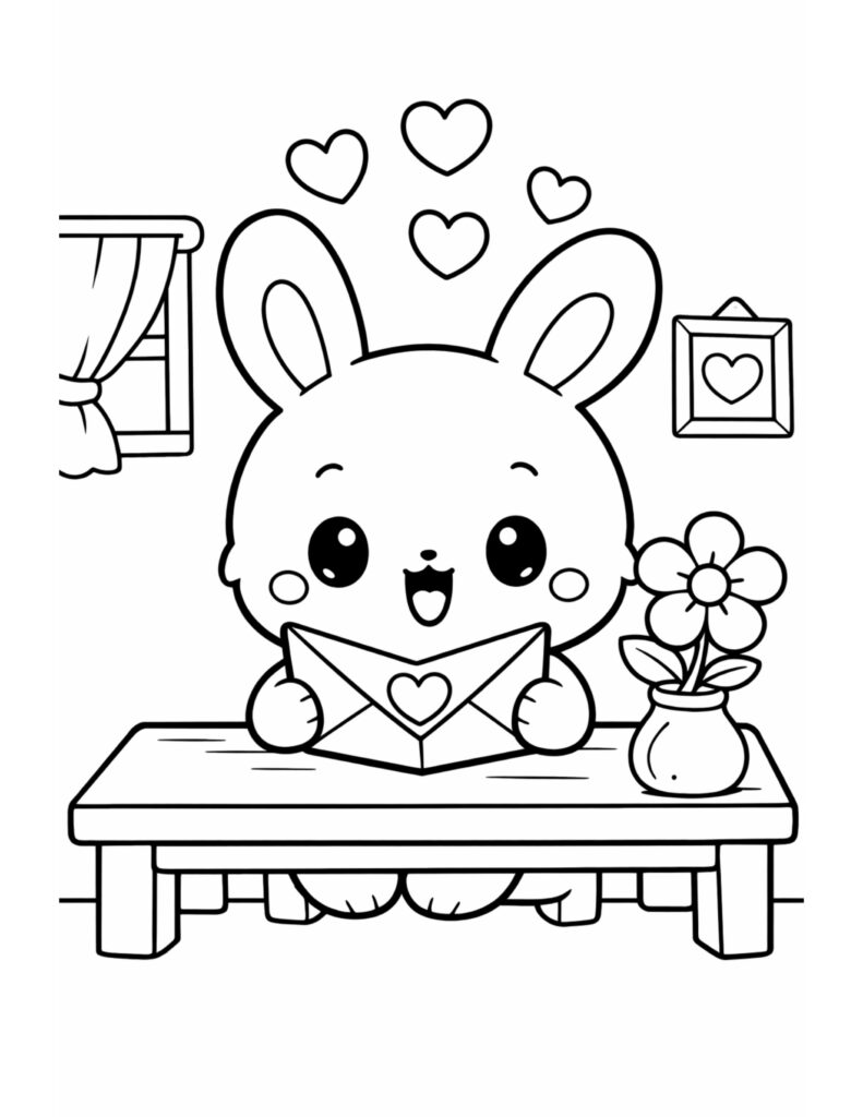 bunny reading heart envelope coloring page, cute rabbit at a table with a flower vase and floating hearts coloring page