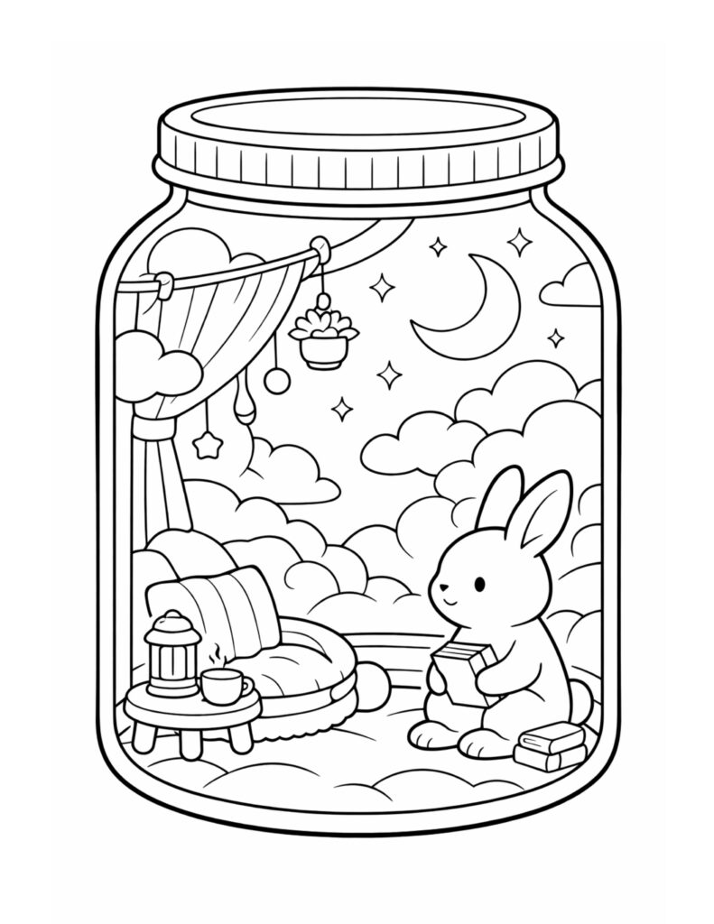 bunny reading in cozy jar coloring page, cute bunny with books, clouds, and a crescent moon coloring page