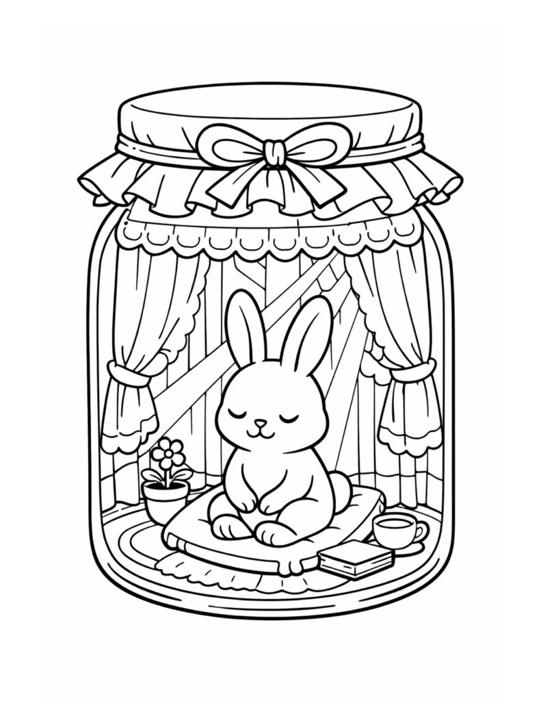 bunny resting on cushion jar coloring page with curtains, bow lid, book and teacup, cozy nook coloring page