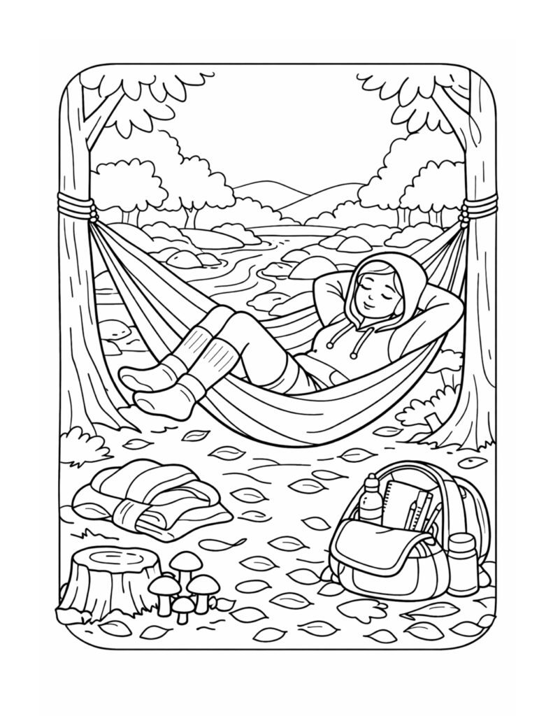 camper relaxing in a hammock coloring page by a river with backpack, blanket, and fallen leaves coloring page