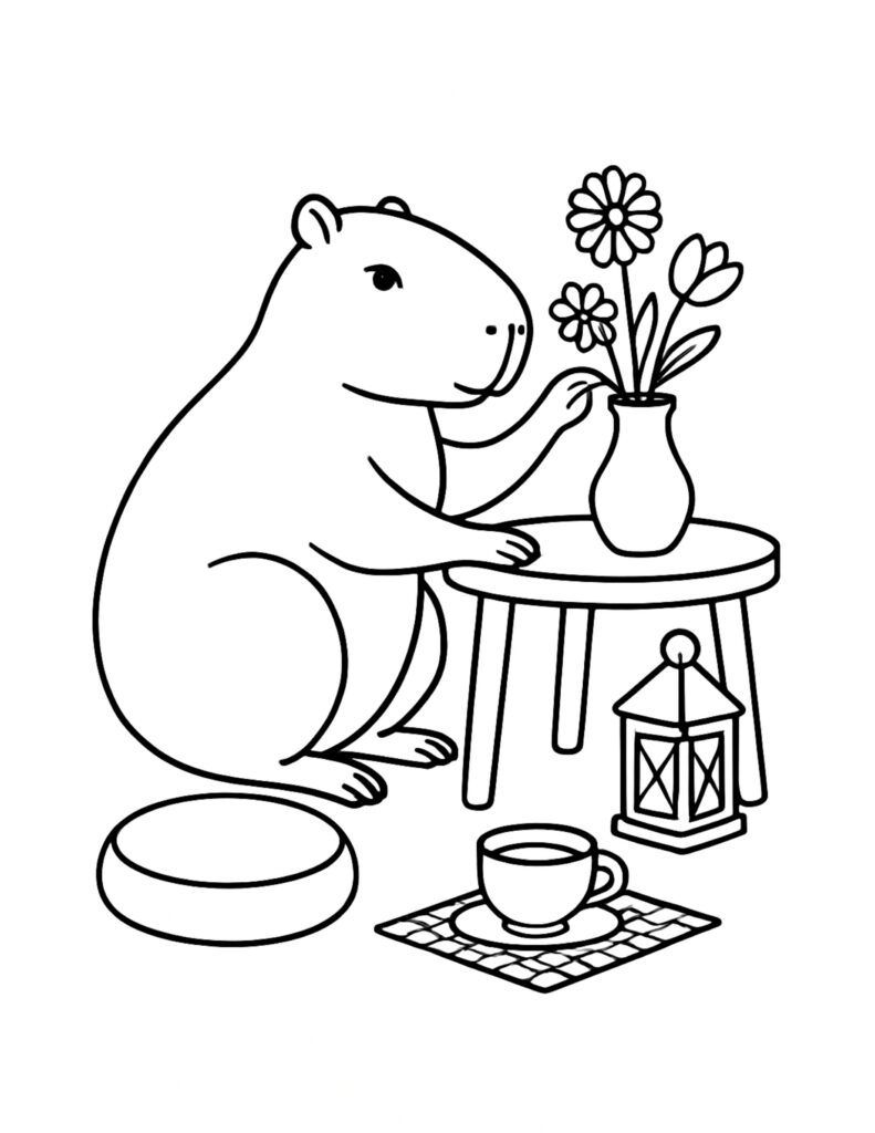 capybara arranging flowers in a vase coloring page with a cozy table, tea cup, and lantern coloring page
