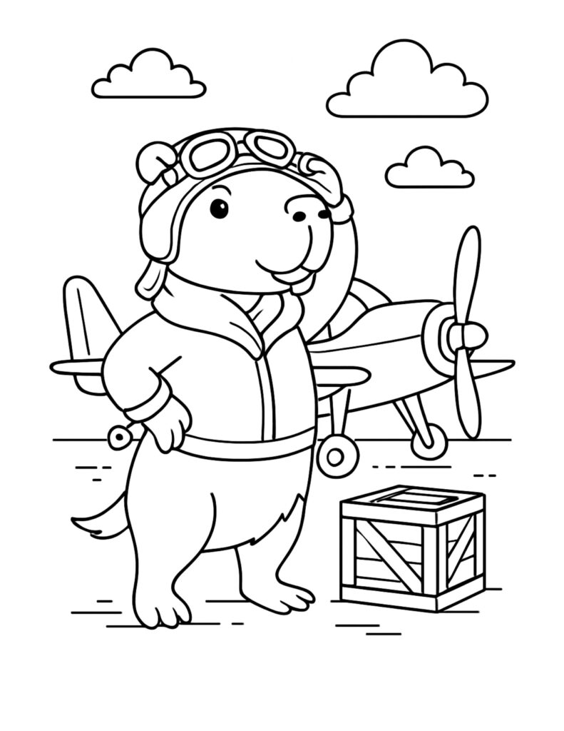 capybara aviator beside airplane coloring page, capybara in aviator hat and goggles by a propeller plane and crate, coloring page