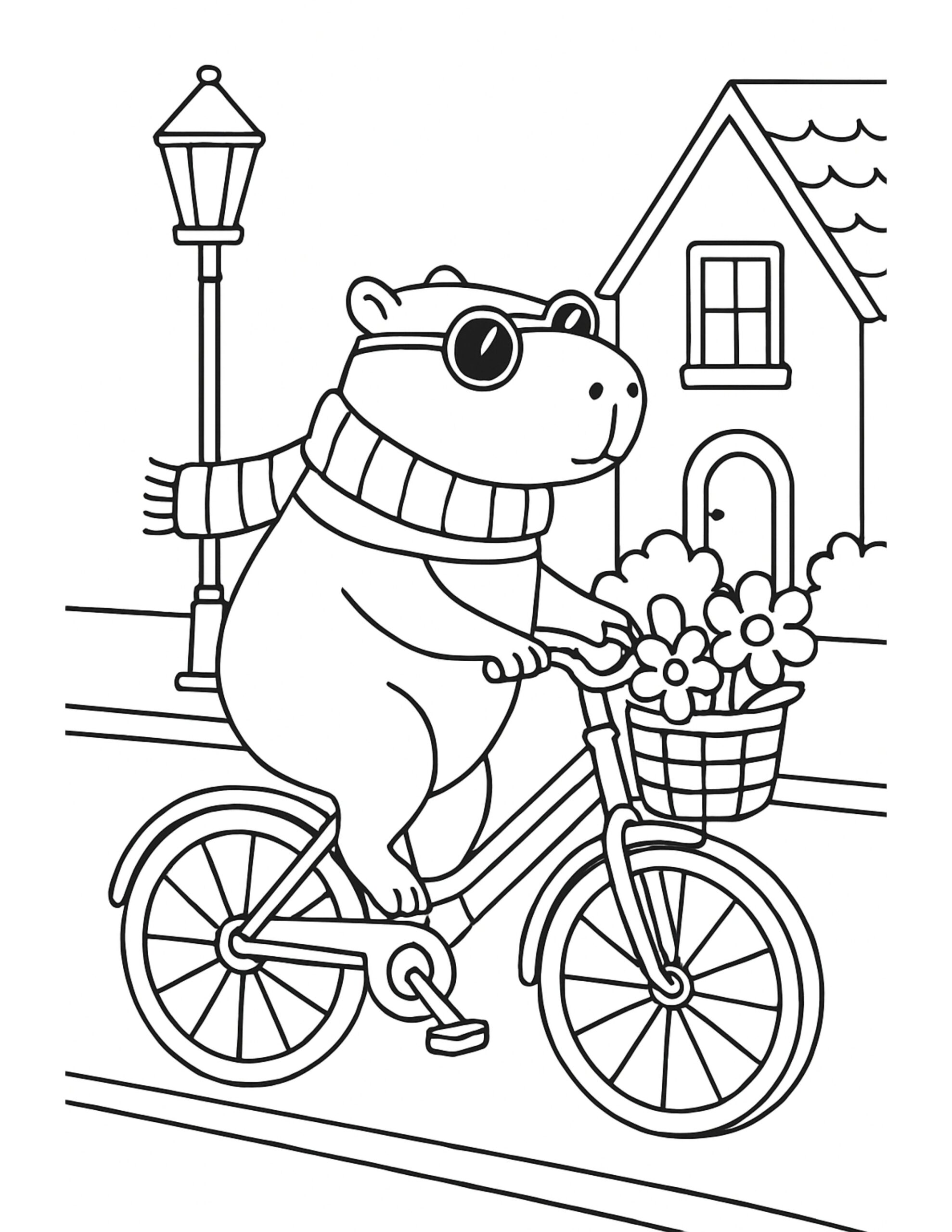 capybara biking with flower basket coloring page, capybara in scarf and sunglasses riding a bike with flowers by a house, coloring page