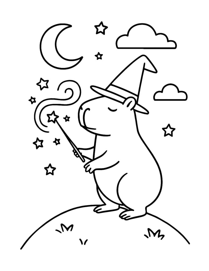 capybara casting starry spell coloring page with a witch hat, wand, moon, and sparkling stars