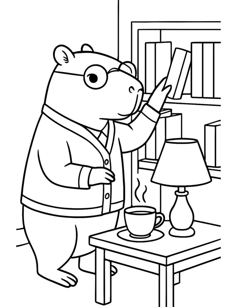 capybara choosing book at bookshelf coloring page with glasses, a steaming cup, and a table lamp coloring page