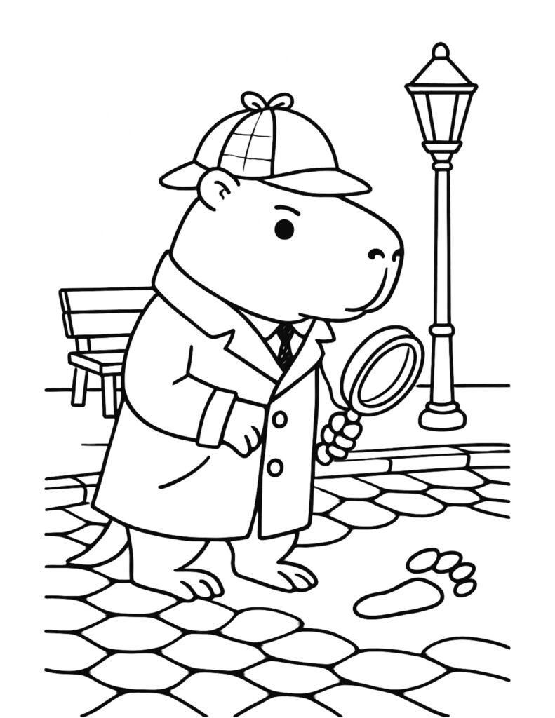 capybara detective examining footprints coloring page, capybara in trench coat with a magnifying glass on cobblestones, coloring page