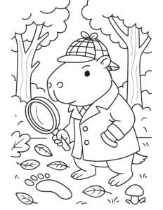 capybara detective searching footprints coloring page in a forest with magnifying glass, leaves, and a tiny mushroom coloring page