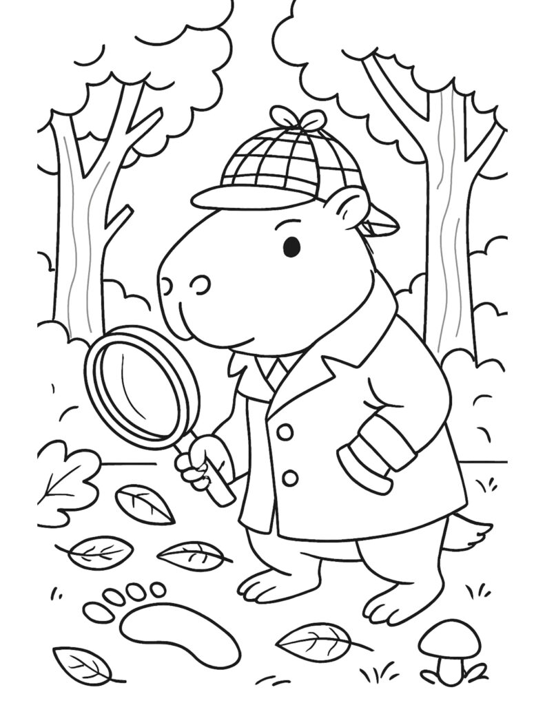 capybara detective searching footprints coloring page in a forest with magnifying glass, leaves, and a tiny mushroom coloring page