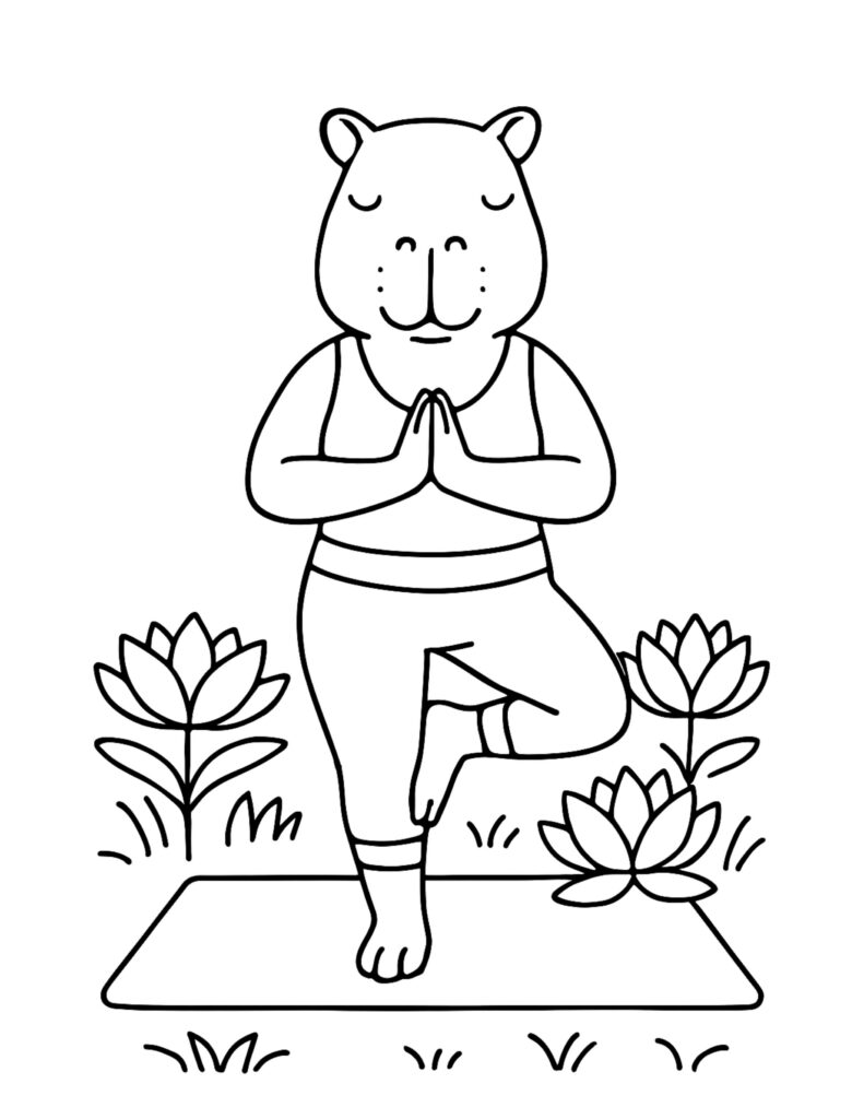capybara doing tree pose coloring page, calm capybara on a yoga mat with lotus flowers, coloring page