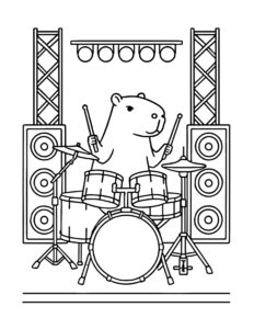 capybara drumming between speaker stacks coloring page with drum kit and stage lights coloring page