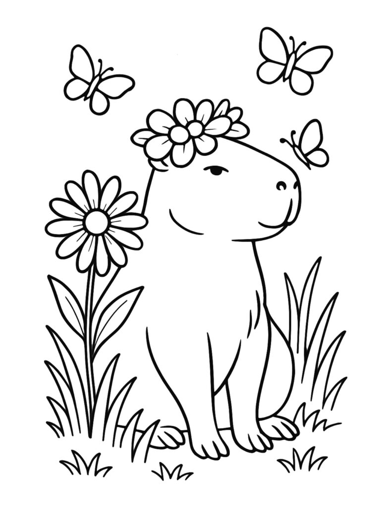 cute capybara wearing a flower crown with butterflies coloring page