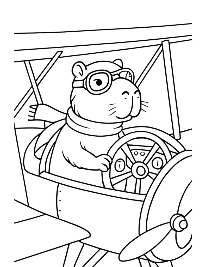 capybara flying a biplane coloring page with pilot goggles and scarf holding the steering wheel coloring page