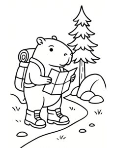 capybara hiking with a map coloring page – backpack, boots, winding path, and pine tree coloring page