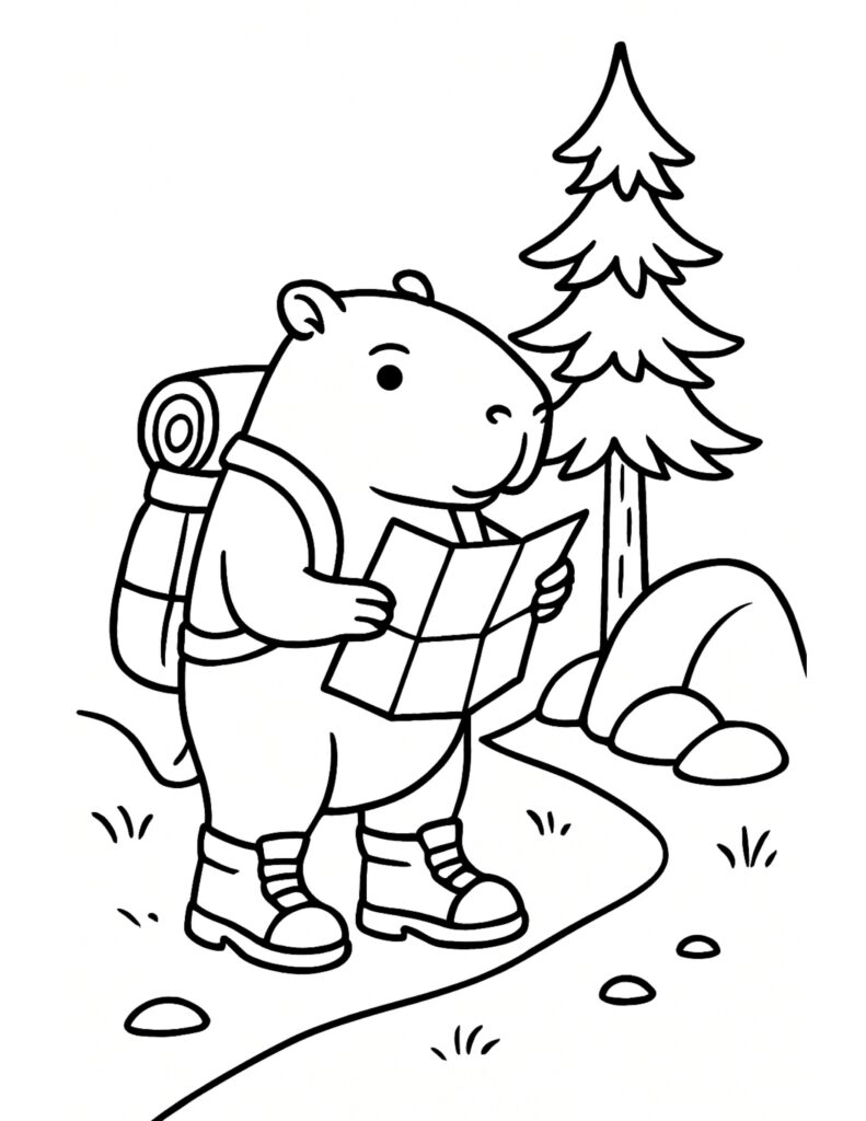 capybara hiking with a map coloring page – backpack, boots, winding path, and pine tree coloring page