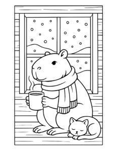 capybara holding a hot mug by snowy window coloring page with scarf, snow outside, and a sleeping cat coloring page