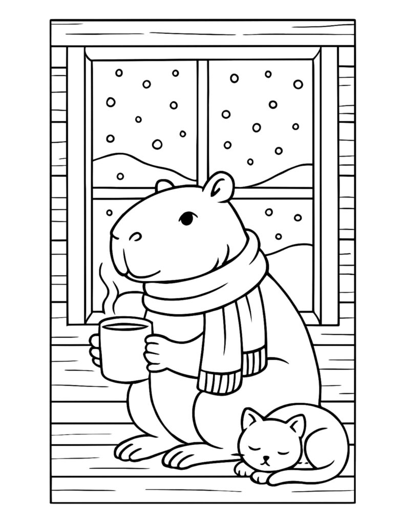 capybara holding a hot mug by snowy window coloring page with scarf, snow outside, and a sleeping cat coloring page