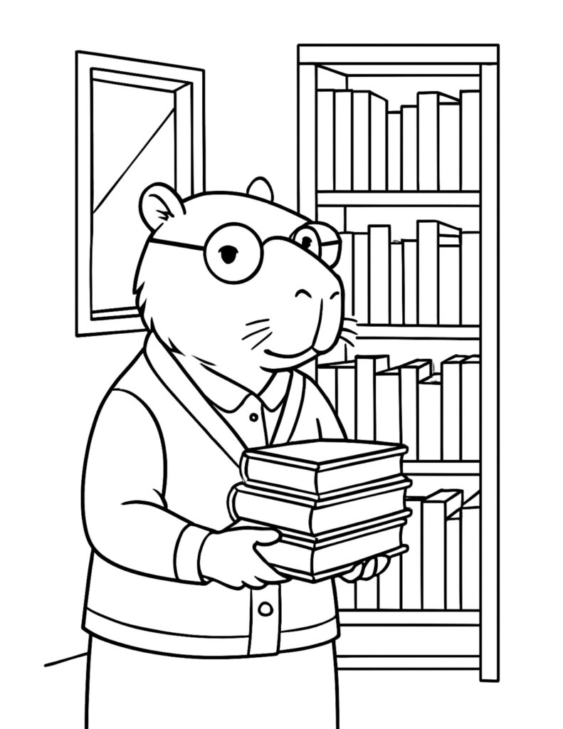 capybara holding books in library coloring page, cute capybara with glasses near a bookshelf coloring page