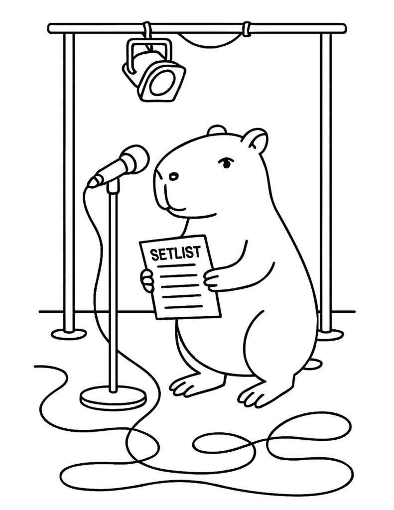 capybara holding setlist at microphone coloring page with overhead stage light and cable on the floor