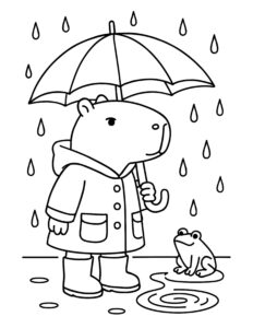 capybara holding umbrella in rain coloring page with a raincoat, boots, raindrops, a puddle, and a small frog, coloring page