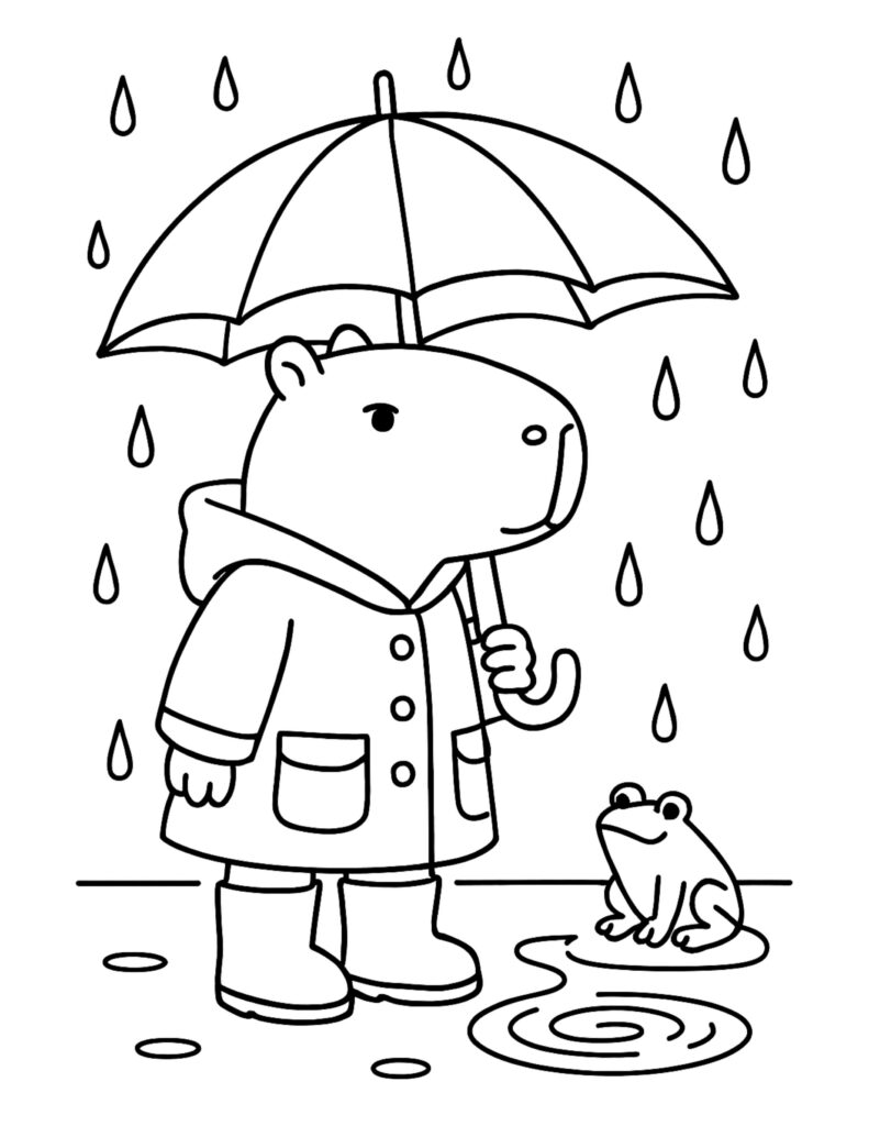 capybara holding umbrella in rain coloring page with a raincoat, boots, raindrops, a puddle, and a small frog, coloring page