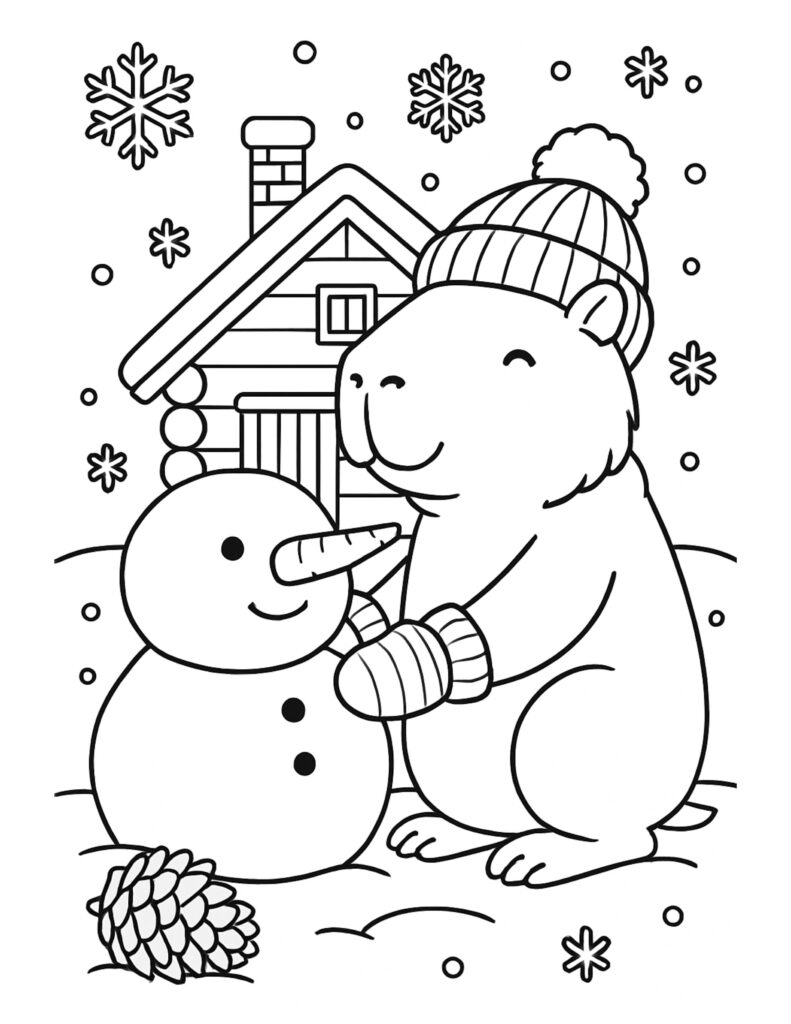 capybara hugging a snowman coloring page with a knit hat, mittens, snowflakes, and a cozy cabin, coloring page