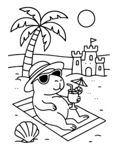 capybara in a sun hat on the beach coloring page lounging on a towel with a drink, palm tree, and sandcastle