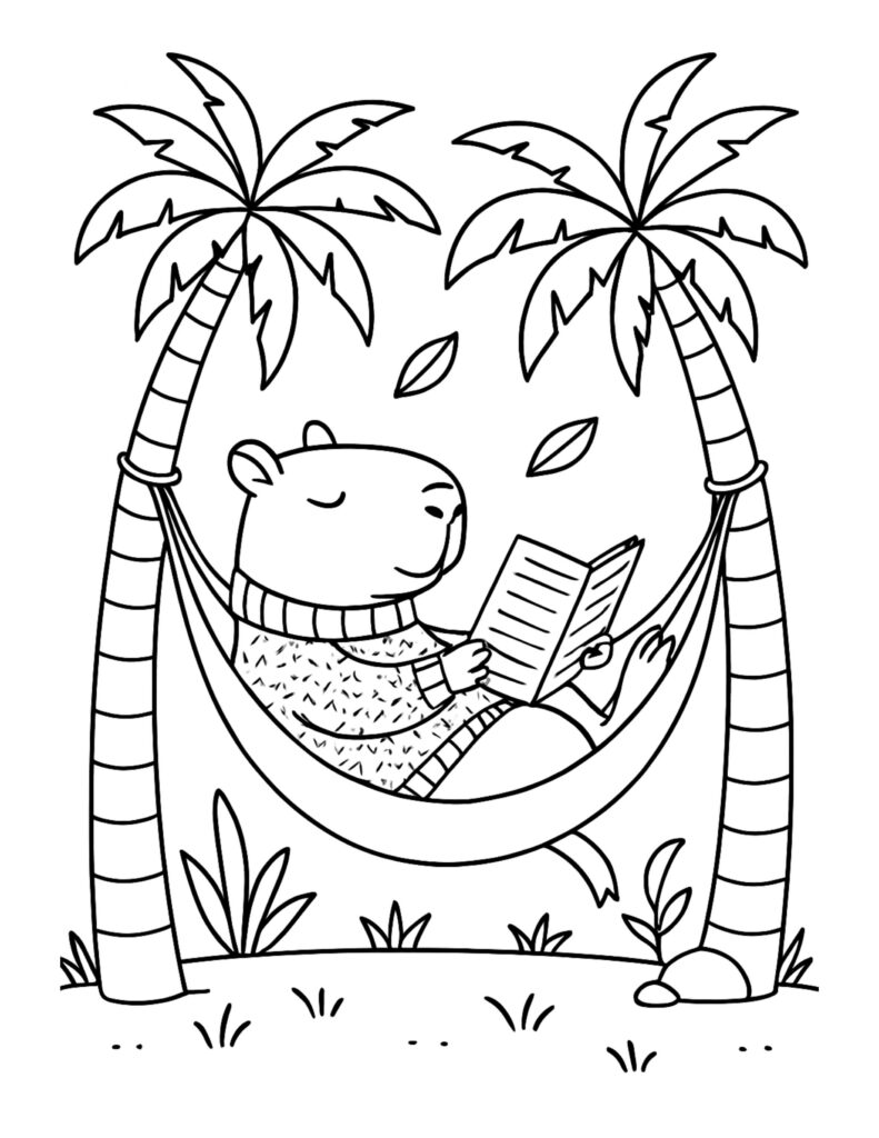 capybara reading a book in a hammock between palm trees coloring page