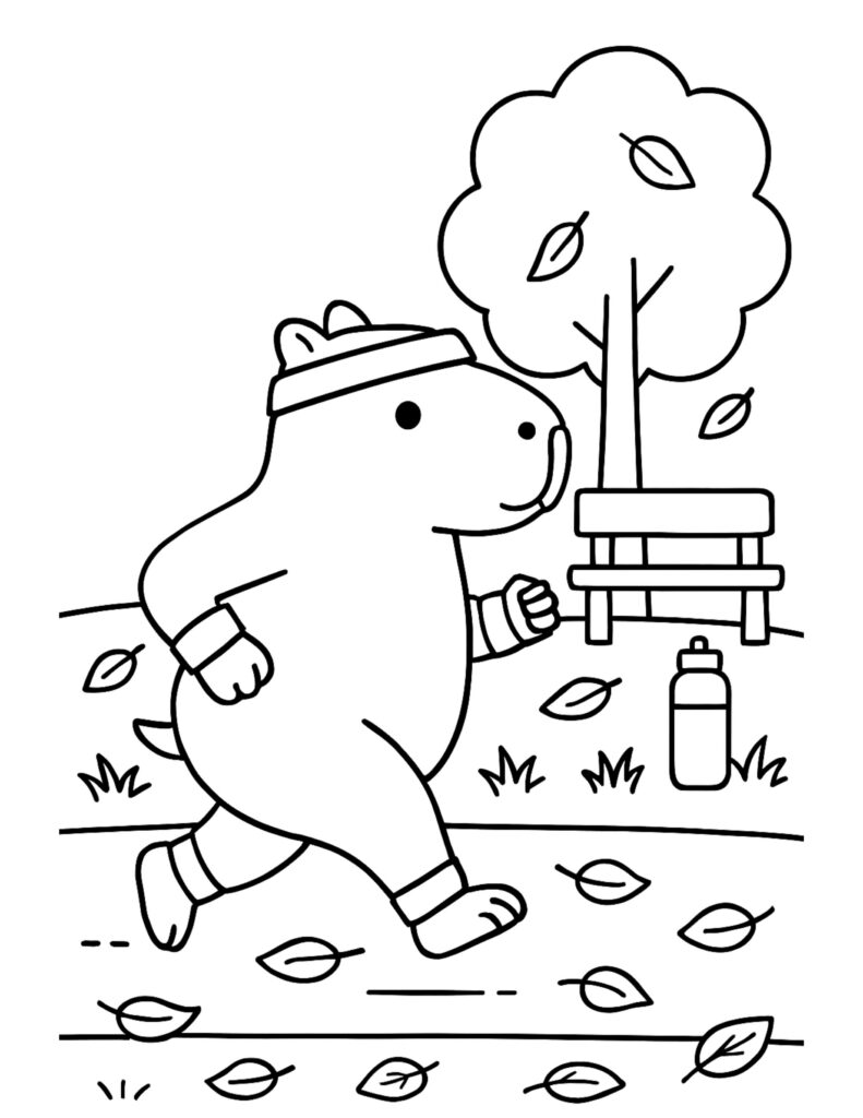 capybara jogging in autumn park coloring page with headband, falling leaves, bench, and water bottle