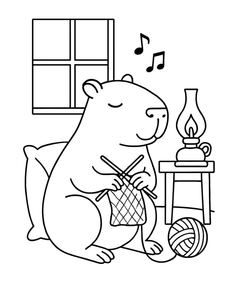 capybara knitting by lamplight coloring page with yarn ball, window, and oil lamp coloring page