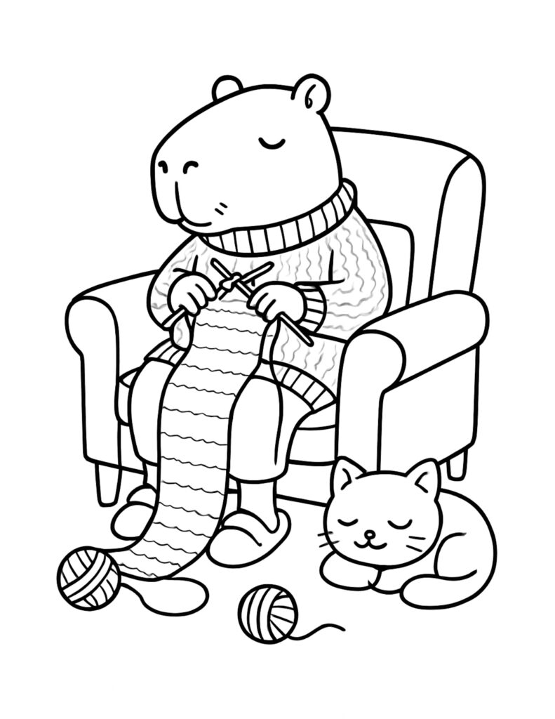 capybara knitting with sleeping cat coloring page, capybara in an armchair knitting a long scarf beside a napping cat, coloring page