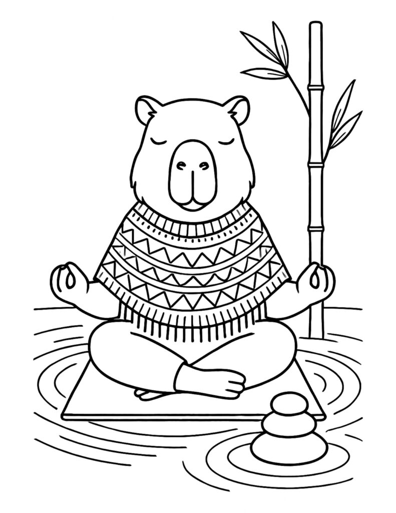 capybara meditating on yoga mat coloring page, eyes closed in a zen pose with bamboo and stacked stones coloring page