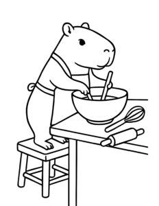 capybara mixing batter in a bowl coloring page with apron, whisk, and rolling pin coloring page