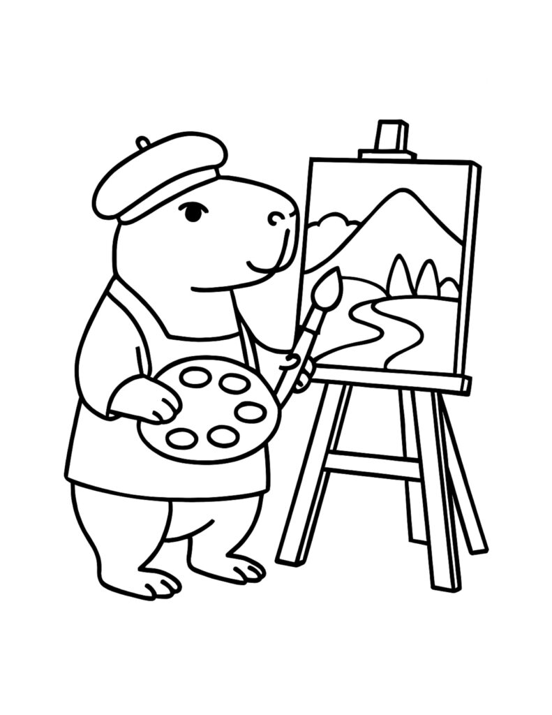 capybara painting at an easel coloring page with beret, paintbrush, palette, and simple landscape coloring page
