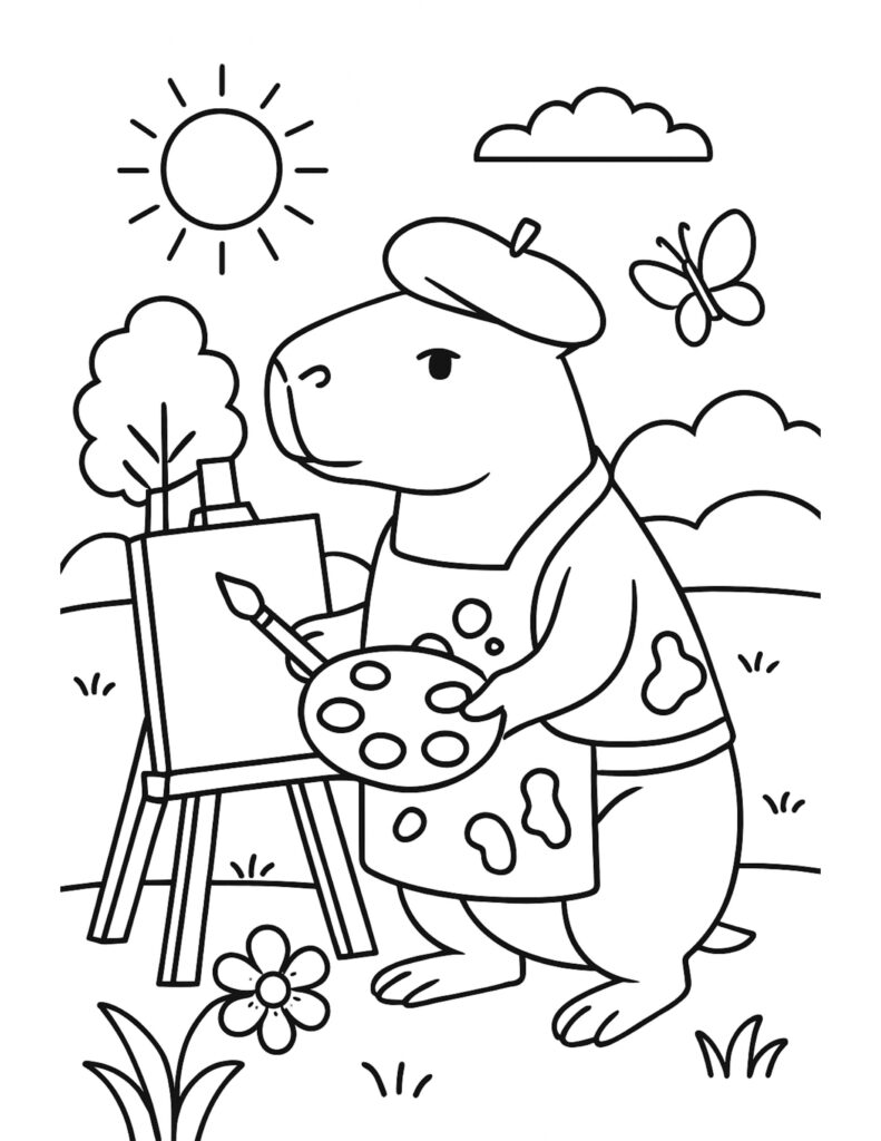 capybara painting at easel coloring page, cute capybara in a beret and paint apron holding a palette by a sunny field, coloring page