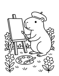 capybara painting on an easel coloring page – beret, paintbrush, palette, and flowers coloring page